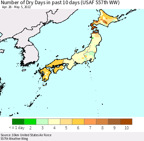 Japan Number of Dry Days in past 10 days (USAF 557th WW) Thematic Map For 5/1/2022 - 5/5/2022