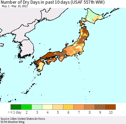 Japan Number of Dry Days in past 10 days (USAF 557th WW) Thematic Map For 5/6/2022 - 5/10/2022