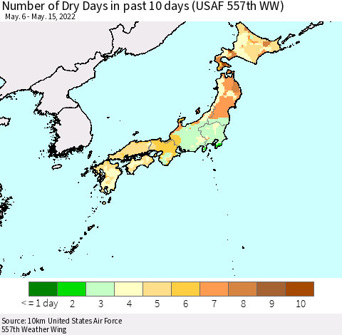 Japan Number of Dry Days in past 10 days (USAF 557th WW) Thematic Map For 5/11/2022 - 5/15/2022