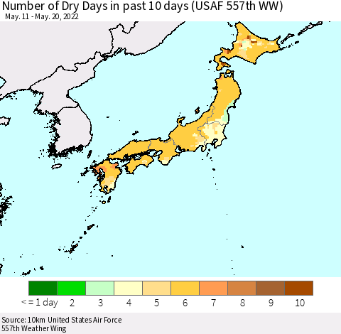 Japan Number of Dry Days in past 10 days (USAF 557th WW) Thematic Map For 5/16/2022 - 5/20/2022