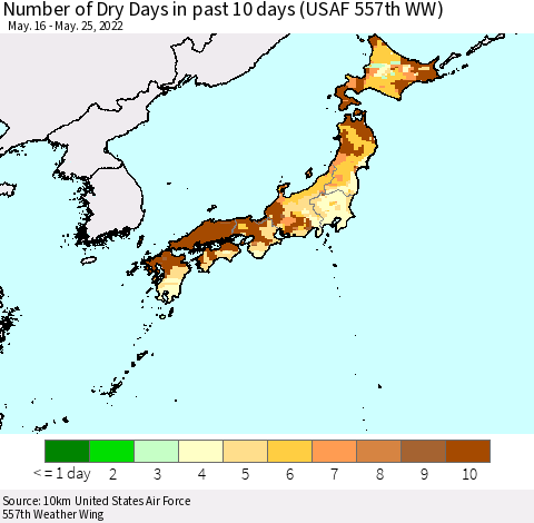 Japan Number of Dry Days in past 10 days (USAF 557th WW) Thematic Map For 5/21/2022 - 5/25/2022