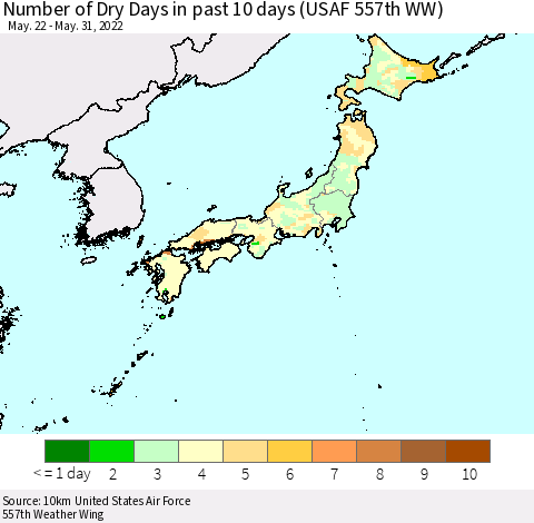 Japan Number of Dry Days in past 10 days (USAF 557th WW) Thematic Map For 5/26/2022 - 5/31/2022