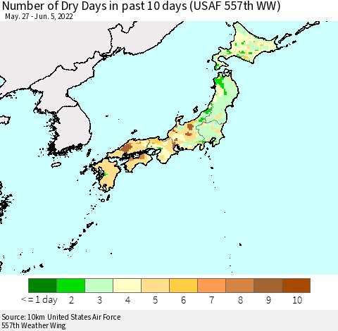 Japan Number of Dry Days in past 10 days (USAF 557th WW) Thematic Map For 6/1/2022 - 6/5/2022