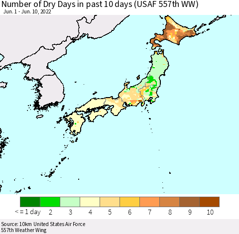 Japan Number of Dry Days in past 10 days (USAF 557th WW) Thematic Map For 6/6/2022 - 6/10/2022