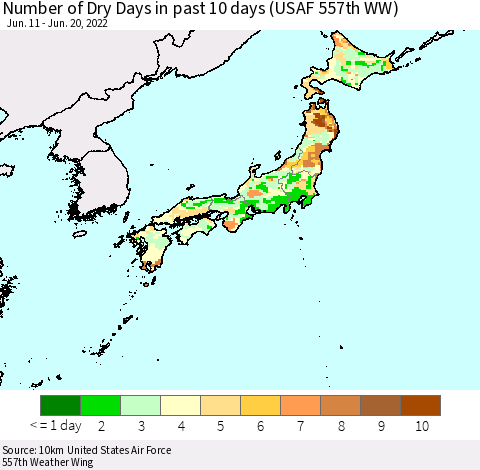 Japan Number of Dry Days in past 10 days (USAF 557th WW) Thematic Map For 6/16/2022 - 6/20/2022