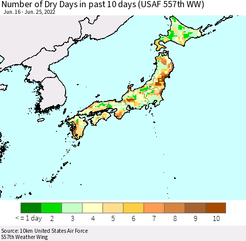 Japan Number of Dry Days in past 10 days (USAF 557th WW) Thematic Map For 6/21/2022 - 6/25/2022