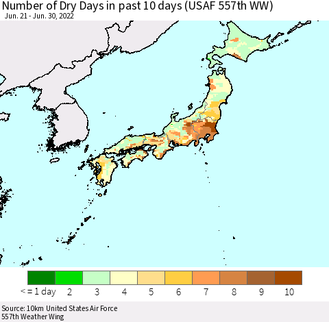 Japan Number of Dry Days in past 10 days (USAF 557th WW) Thematic Map For 6/26/2022 - 6/30/2022