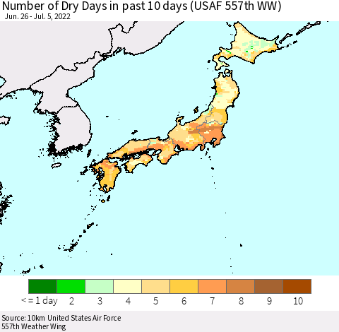 Japan Number of Dry Days in past 10 days (USAF 557th WW) Thematic Map For 7/1/2022 - 7/5/2022