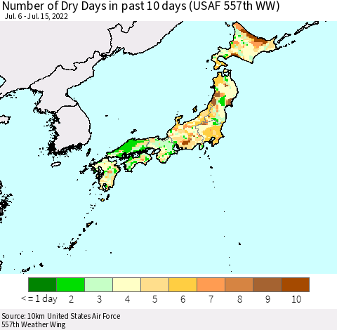 Japan Number of Dry Days in past 10 days (USAF 557th WW) Thematic Map For 7/11/2022 - 7/15/2022