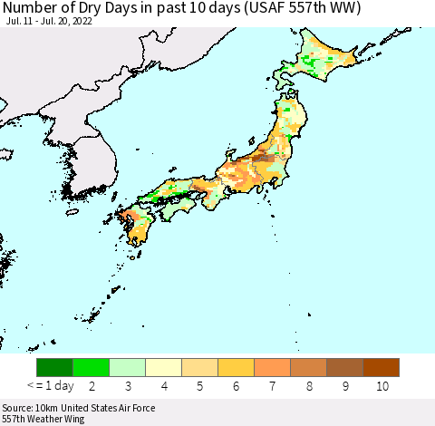 Japan Number of Dry Days in past 10 days (USAF 557th WW) Thematic Map For 7/16/2022 - 7/20/2022