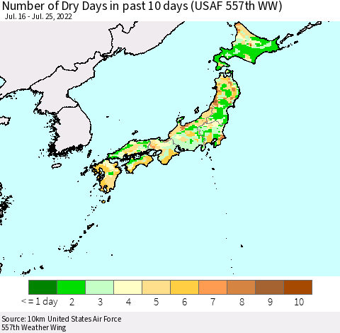 Japan Number of Dry Days in past 10 days (USAF 557th WW) Thematic Map For 7/21/2022 - 7/25/2022