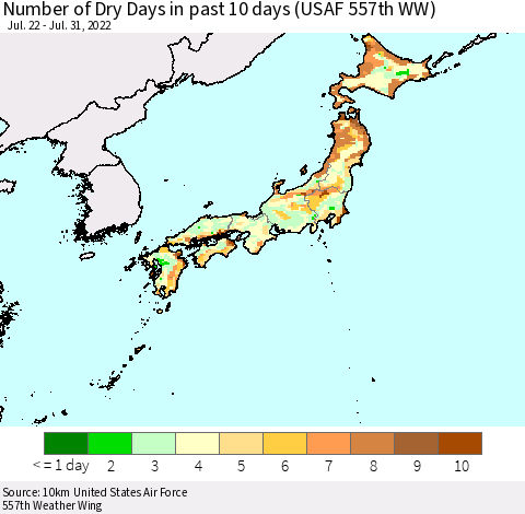 Japan Number of Dry Days in past 10 days (USAF 557th WW) Thematic Map For 7/26/2022 - 7/31/2022