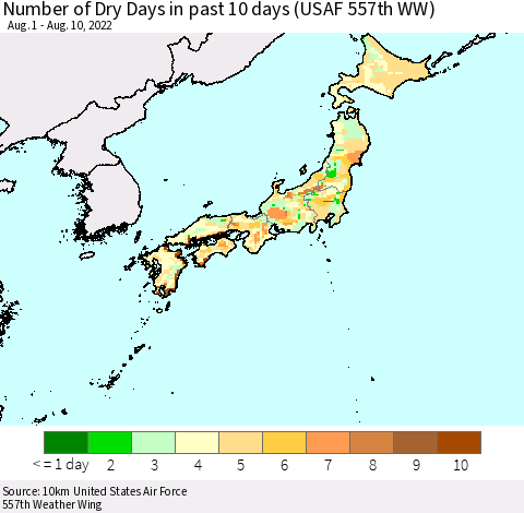 Japan Number of Dry Days in past 10 days (USAF 557th WW) Thematic Map For 8/6/2022 - 8/10/2022