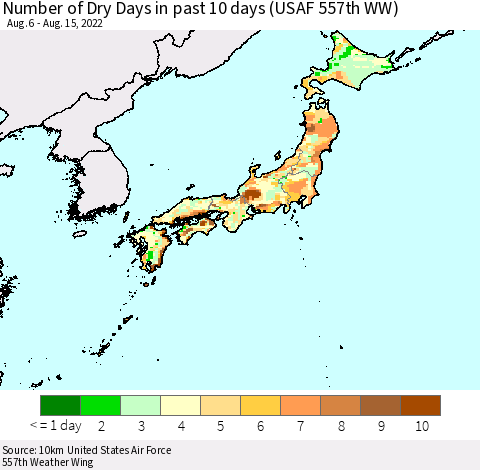 Japan Number of Dry Days in past 10 days (USAF 557th WW) Thematic Map For 8/11/2022 - 8/15/2022