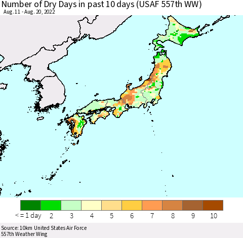 Japan Number of Dry Days in past 10 days (USAF 557th WW) Thematic Map For 8/16/2022 - 8/20/2022