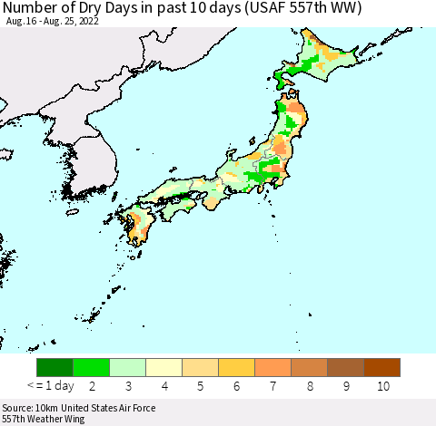 Japan Number of Dry Days in past 10 days (USAF 557th WW) Thematic Map For 8/21/2022 - 8/25/2022