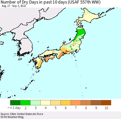 Japan Number of Dry Days in past 10 days (USAF 557th WW) Thematic Map For 9/1/2022 - 9/5/2022