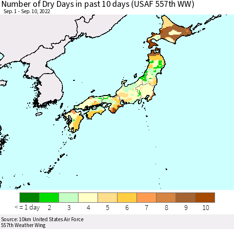 Japan Number of Dry Days in past 10 days (USAF 557th WW) Thematic Map For 9/6/2022 - 9/10/2022