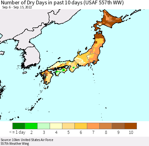 Japan Number of Dry Days in past 10 days (USAF 557th WW) Thematic Map For 9/11/2022 - 9/15/2022