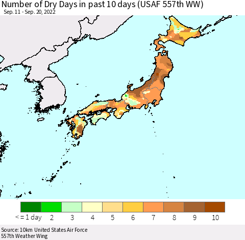 Japan Number of Dry Days in past 10 days (USAF 557th WW) Thematic Map For 9/16/2022 - 9/20/2022