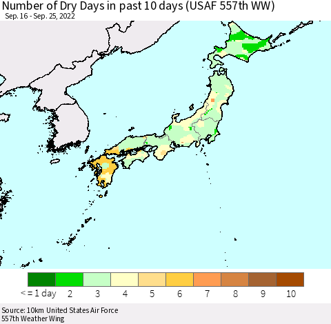 Japan Number of Dry Days in past 10 days (USAF 557th WW) Thematic Map For 9/21/2022 - 9/25/2022