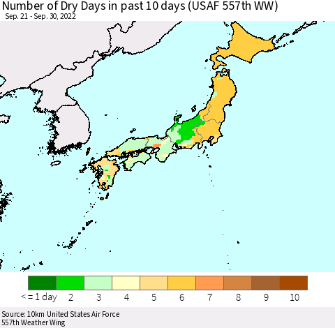 Japan Number of Dry Days in past 10 days (USAF 557th WW) Thematic Map For 9/26/2022 - 9/30/2022
