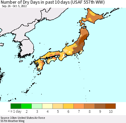 Japan Number of Dry Days in past 10 days (USAF 557th WW) Thematic Map For 10/1/2022 - 10/5/2022