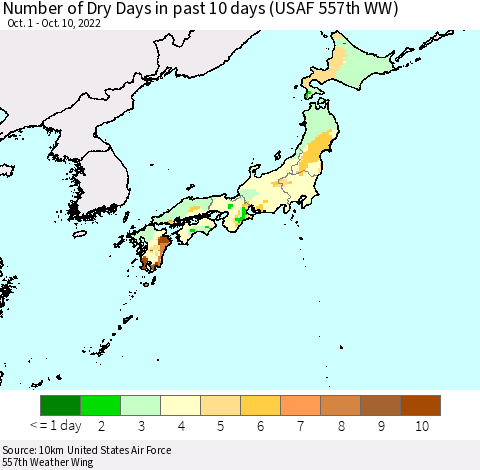 Japan Number of Dry Days in past 10 days (USAF 557th WW) Thematic Map For 10/6/2022 - 10/10/2022