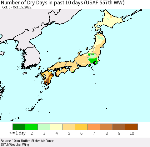 Japan Number of Dry Days in past 10 days (USAF 557th WW) Thematic Map For 10/11/2022 - 10/15/2022