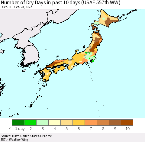 Japan Number of Dry Days in past 10 days (USAF 557th WW) Thematic Map For 10/16/2022 - 10/20/2022