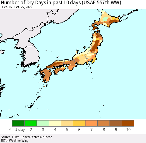 Japan Number of Dry Days in past 10 days (USAF 557th WW) Thematic Map For 10/21/2022 - 10/25/2022