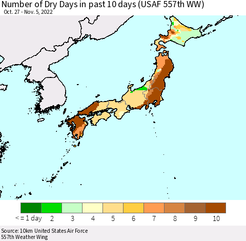 Japan Number of Dry Days in past 10 days (USAF 557th WW) Thematic Map For 11/1/2022 - 11/5/2022