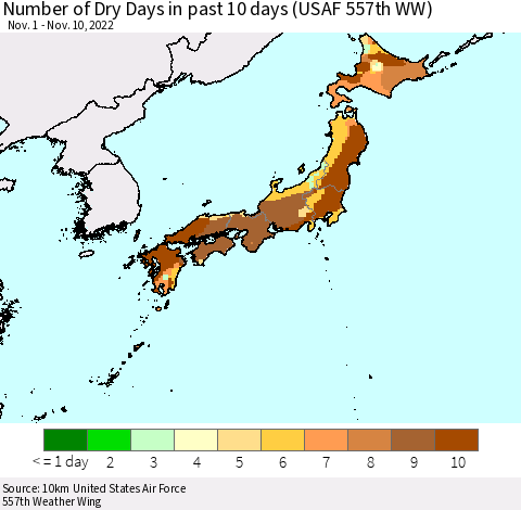 Japan Number of Dry Days in past 10 days (USAF 557th WW) Thematic Map For 11/6/2022 - 11/10/2022