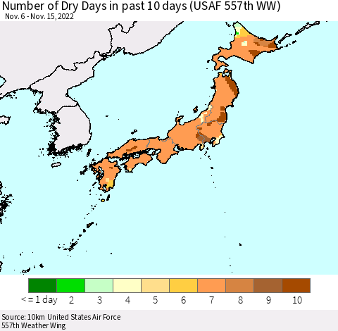 Japan Number of Dry Days in past 10 days (USAF 557th WW) Thematic Map For 11/11/2022 - 11/15/2022