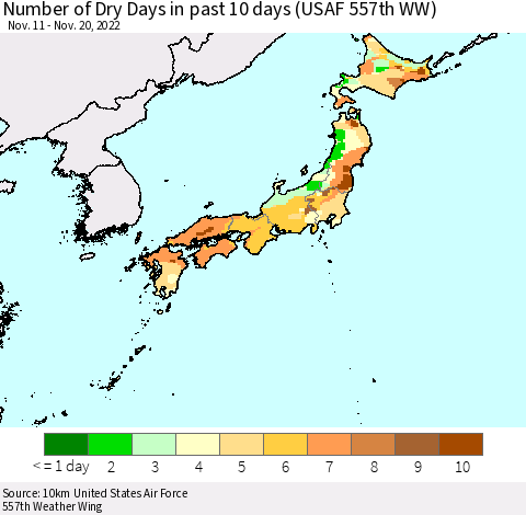 Japan Number of Dry Days in past 10 days (USAF 557th WW) Thematic Map For 11/16/2022 - 11/20/2022