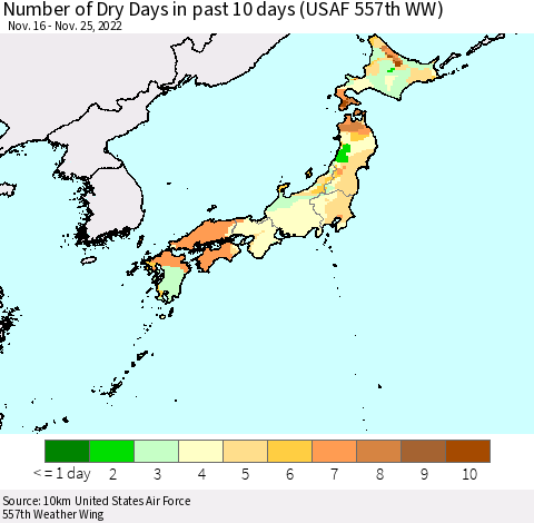 Japan Number of Dry Days in past 10 days (USAF 557th WW) Thematic Map For 11/21/2022 - 11/25/2022