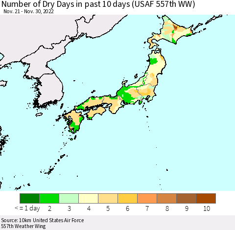 Japan Number of Dry Days in past 10 days (USAF 557th WW) Thematic Map For 11/26/2022 - 11/30/2022