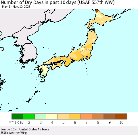 Japan Number of Dry Days in past 10 days (USAF 557th WW) Thematic Map For 5/6/2023 - 5/10/2023