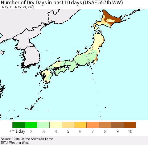 Japan Number of Dry Days in past 10 days (USAF 557th WW) Thematic Map For 5/16/2023 - 5/20/2023