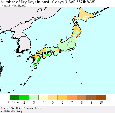 Japan Number of Dry Days in past 10 days (USAF 557th WW) Thematic Map For 5/21/2023 - 5/25/2023