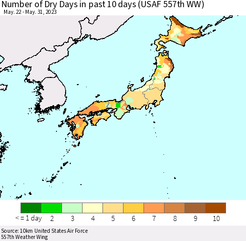 Japan Number of Dry Days in past 10 days (USAF 557th WW) Thematic Map For 5/26/2023 - 5/31/2023