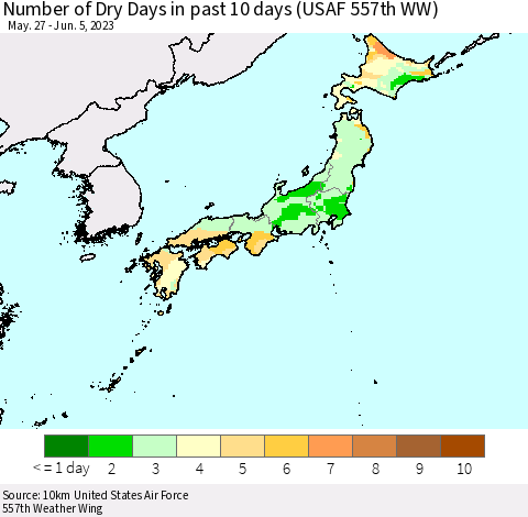 Japan Number of Dry Days in past 10 days (USAF 557th WW) Thematic Map For 6/1/2023 - 6/5/2023