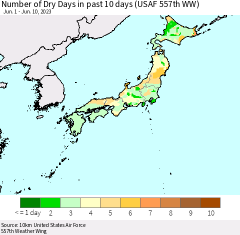 Japan Number of Dry Days in past 10 days (USAF 557th WW) Thematic Map For 6/6/2023 - 6/10/2023