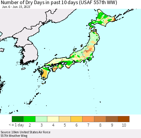 Japan Number of Dry Days in past 10 days (USAF 557th WW) Thematic Map For 6/11/2023 - 6/15/2023