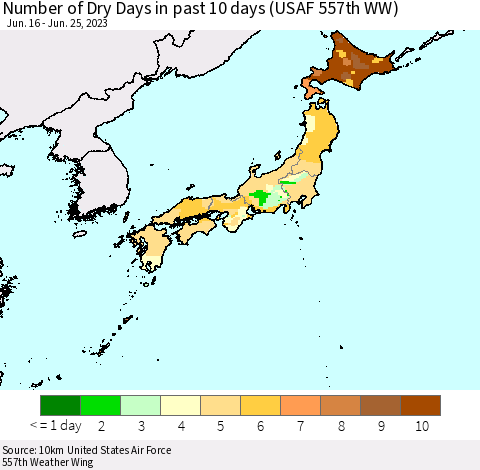 Japan Number of Dry Days in past 10 days (USAF 557th WW) Thematic Map For 6/21/2023 - 6/25/2023
