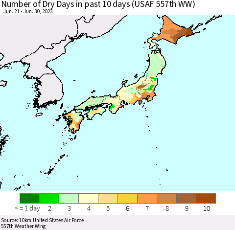 Japan Number of Dry Days in past 10 days (USAF 557th WW) Thematic Map For 6/26/2023 - 6/30/2023