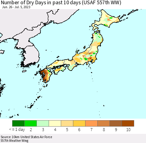 Japan Number of Dry Days in past 10 days (USAF 557th WW) Thematic Map For 7/1/2023 - 7/5/2023