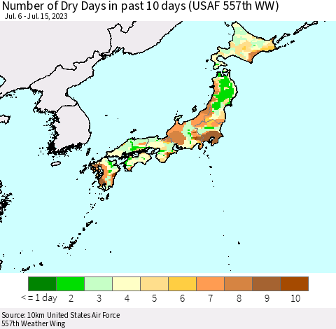 Japan Number of Dry Days in past 10 days (USAF 557th WW) Thematic Map For 7/11/2023 - 7/15/2023