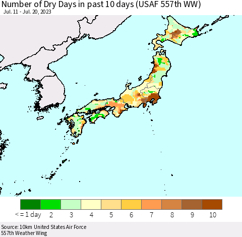 Japan Number of Dry Days in past 10 days (USAF 557th WW) Thematic Map For 7/16/2023 - 7/20/2023