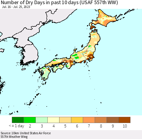 Japan Number of Dry Days in past 10 days (USAF 557th WW) Thematic Map For 7/21/2023 - 7/25/2023